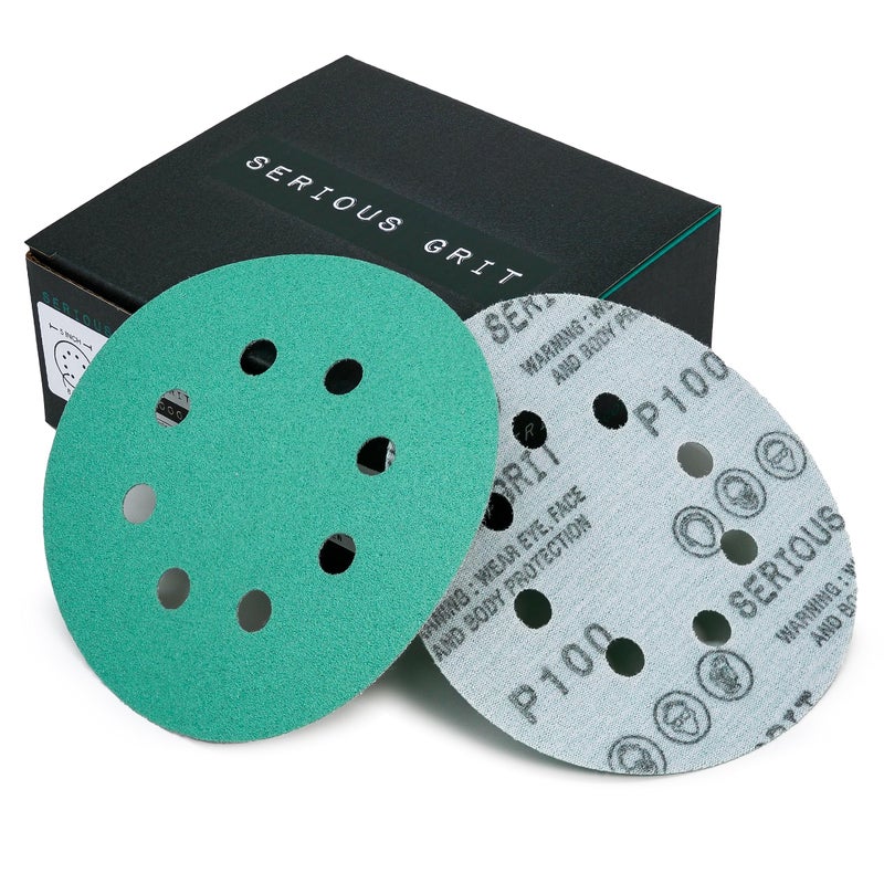 Serious Grit Sanding Discs 5 Inch 8 Hole 100 Grit - Heavy-Duty Hook & Loop Wet Dry Film Sandpaper Discs - Fine Grit Sand Paper for Random Orbital Sanders - Wood, Automotive, Metal, etc - 50 Pack Box - Image 1